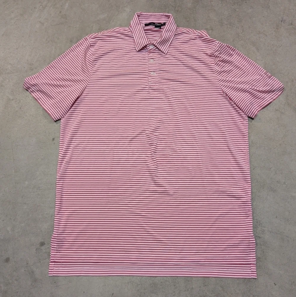 RLX Performance Golf Polo Mens L Red White Striped Society Of Seniors